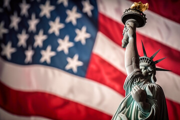 Naklejka premium Statue of Liberty on the background of the American flag. Ai generative