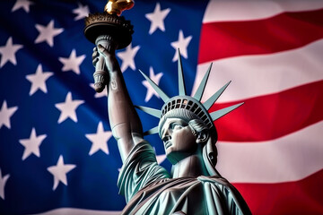 Obraz premium Statue of Liberty on the background of the American flag. Ai generative
