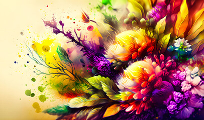 A watercolor summer flower abstract background with a whimsical bouquet of hand-drawn flowers