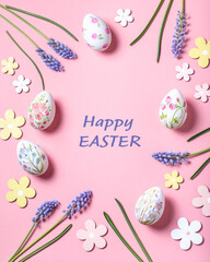 Easter card with flower design eggs, hyacinths and Happy Easter quote