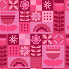 Minimalism geometric abstract seamless pattern. Repeatable monochrome magenta pattern tile design with flowers and geometric shapes and forms. Vector illustration. Hand drawn flat style.