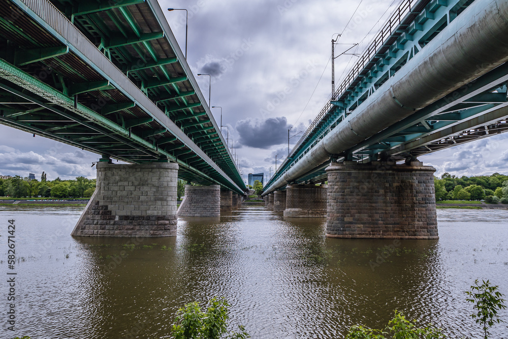 Poster Gdanski Bridge and Citadel Rail Bridge over River Vistula in Warsaw city, Poland