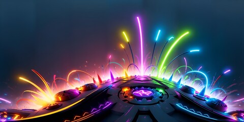 Photo of a futuristic cityscape illuminated at night