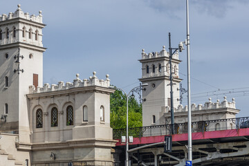 Towers of Poniatowski Bridge over Vistula River in Warsaw city, Poland