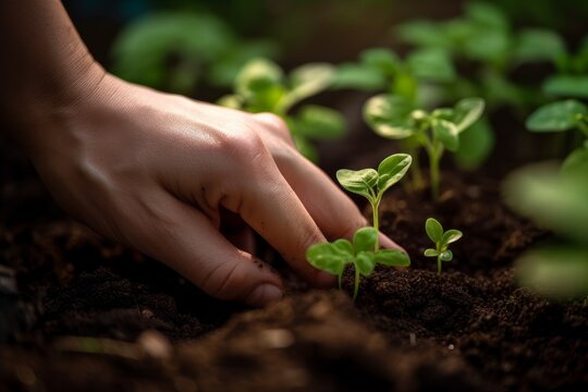 Hand von Gärtner/Gärtnerin die eine junge Pflanze Setzling in die Erde einpflanzt - Nahaufnahme   