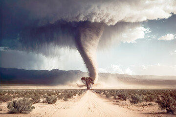 Tornado destroys the landscape. It can cause extremely high damage. Tornado background. AI generated illustration.