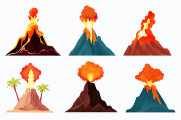 Volcano set. Rock exploding with magma, smoke and ashes, volcanic mountains crater explosion with lava and dust, geothermal eruption. Vector flat set of mountain rock lava exploding illustration - obrazy, fototapety, plakaty