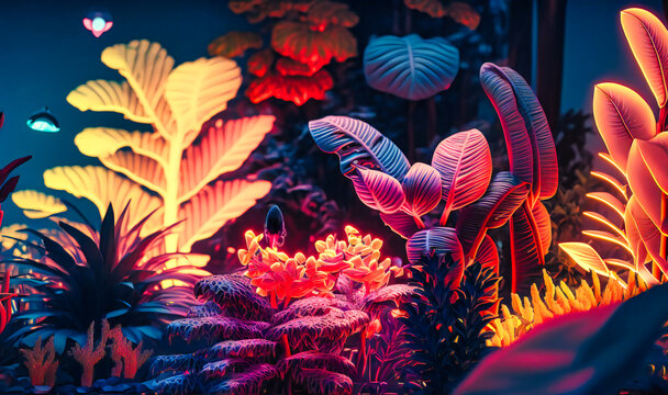 A jungle with glowing plants neon-colored animals, and geometric shapes