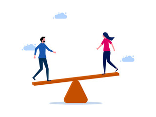 Business men and women on a seesaw. Gender inequality of men and women vector