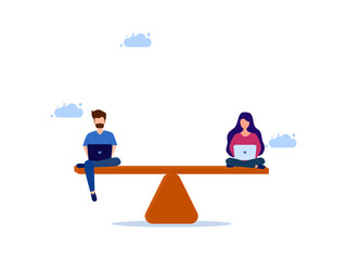 Man and woman working on a laptop on a seesaw. Gender equality of men and women vector