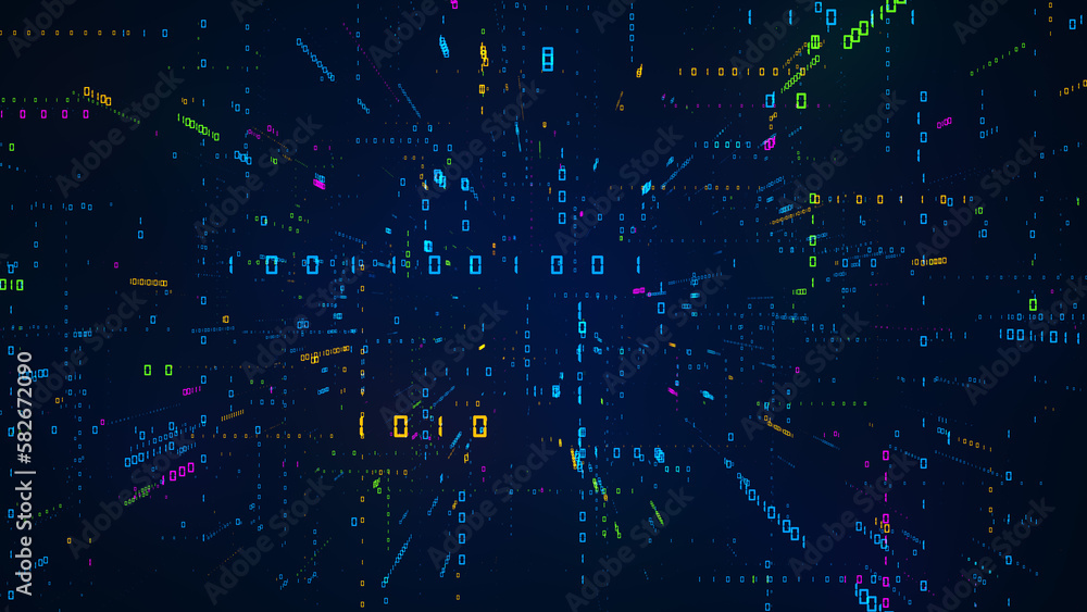 Poster abstract virtual digital data space blue yellow purple green shiny vertical horizontal binary digita