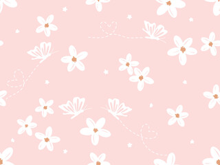 Seamless pattern with daisy flower and butterfly cartoons on pink background vector. Cute floral print.