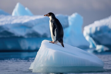 Single isolated penguin standing on an ice floe in Antarctica. Generative AI - obrazy, fototapety, plakaty