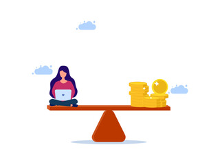Woman working on laptop with money on scales. Balancing work and money vector