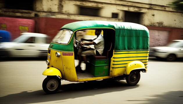 Auto rickshaw drives asian customer on indian street motion blur, tuk tuk autorickshaw taxi yellow green transport in India, fast and cheap tricycle taxi drive among city, generative AI