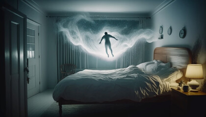 Astral body levitate over bed in the bedroom. Soul flies out of the sleeping person.Ai, generative