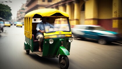 Auto rickshaw drives asian customer on indian street motion blur, tuk tuk autorickshaw taxi yellow green transport in India, fast and cheap tricycle taxi drive among city, generative AI - obrazy, fototapety, plakaty