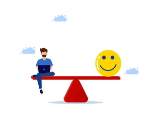 man working with laptop and good mood on scales. balance between work and positive emotions vector