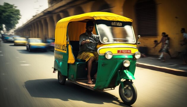 Auto rickshaw drives asian customer on indian street motion blur, tuk tuk autorickshaw taxi yellow green transport in India, fast and cheap tricycle taxi drive among city, generative AI