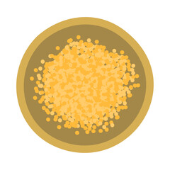 イエローマスタードシードの入った器。俯瞰図。フラットなベクターイラスト。
A small dish filled with yellow mustard seeds. Bird’s-eye view.  Flat designed vector illustration.