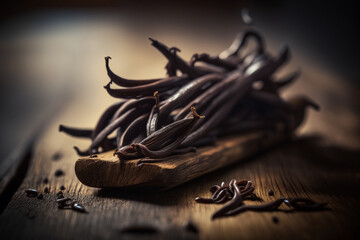 Vanilla Dreamscape: An intricate illustration of luscious vanilla beans on a wooden board. Ai generated.