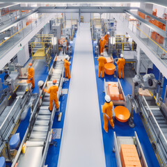 Modern factory, production line, brightly lit, with workers in overalls, ai generative