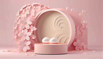 Podiums for presentation cosmetics produce with spring flowers on pastel pink background. AI Generated