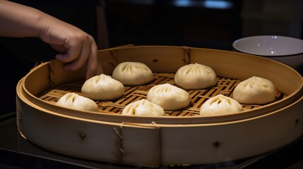 Delicious Baozi, chinese steamed meat bun. Ready to eat on serving plate and bamboo steamer. Close up of this tasty dumpling. Generative AI.