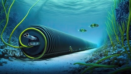 Damaged submarine communications cable on sea bed, full telecom and broadband outage due damage of undersea optical fibre cable, destroyed international underwater Internet cable, generative AI - obrazy, fototapety, plakaty
