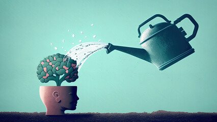 Water pouring human brain with watering can development of intelligence, study of new knowledge concept, growth of creativity, mental development and inner potential, generative AI