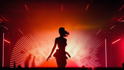 A Pop Concert with neon lights, a dance floor, and a silhouette performer on stage Generative AI