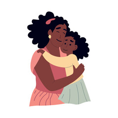 Happy African American mother and little girl. Mother and daughter hugging. Mother's day concept. Vector illustration