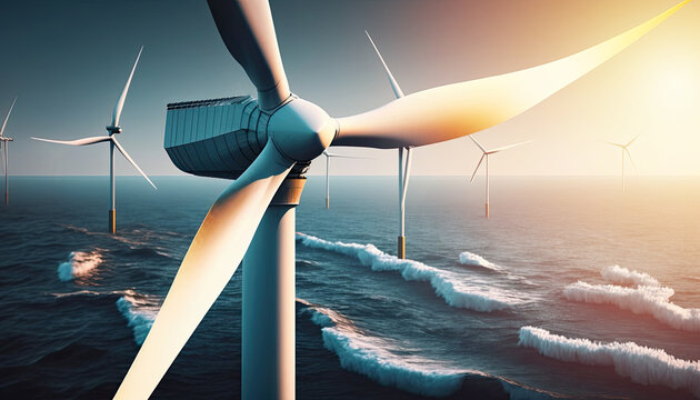 Offshore wind power energy generation with wind farm in sea, beautiful sea foam at sunset seascape, generation of electricity offshore wind power plant, eco friendly energy generation, generative AI
