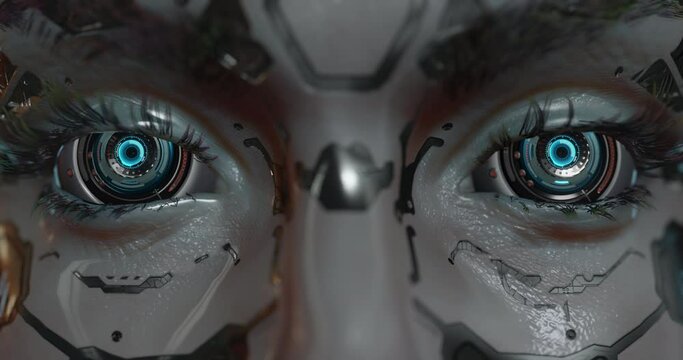 AI conceptual design, a cyborg face, female robot woke up, open digital eyes, intricate details that suggest a high level of engineering, machine learning