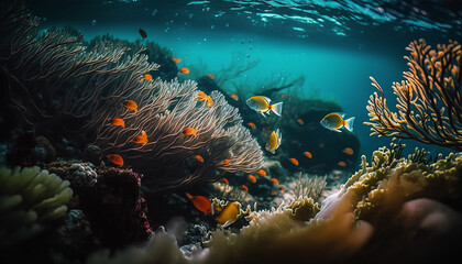 Fototapeta na wymiar An underwater coral reef, with colorful fish darting between the coral Generative AI