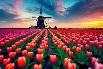 illustration, on a typical Dutch landscape, with tulips, generated by ai,