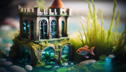 Aquarium with colorful fish, sunlight reflecting on the water, green seaweed, a small castle ornament, Generative AI