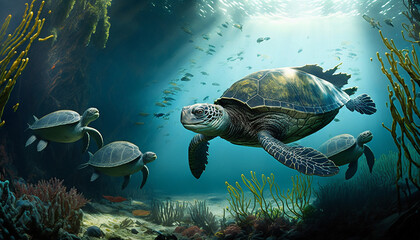 Obraz premium Aquarium, looking sea turtles lazily swimming through a lush kelp forest Generative AI