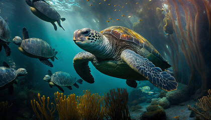 Aquarium, looking sea turtles lazily swimming through a lush kelp forest Generative AI
