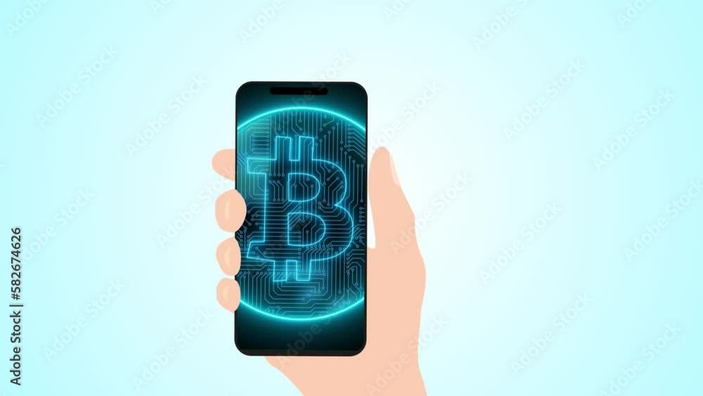 Poster bitcoins drop in smartphone. bitcoin on a smartphone display.