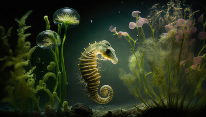 Aquarium, a solitary seahorse clinging to a strand of seaweed, Generative AI