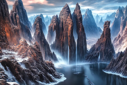 Landscape image of waterfalls among tall rocky spires. Generative AI.
