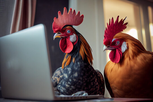 Chickens staring at a laptop screen. AI generated.