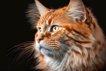 Ginger closeup cat portrait on dark background. Generative AI