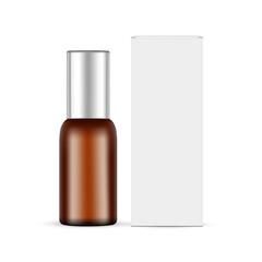 Amber Cosmetic Bottle With Metal Cap for Skin Care Liquid, Pack Box Front View, Isolated on White Background. Vector Illustration