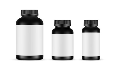 Black Plastic Bottles for Pills or Supplements, Isolated on White Background. Vector Illustration