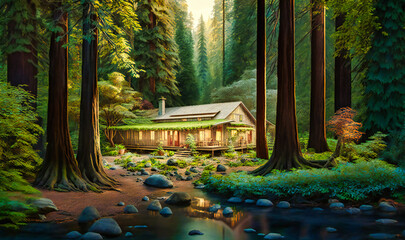 A secluded forest with towering trees, babbling brooks, and a rustic cabin