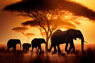Fototapeta na wymiar Herd of elephants in the savannah. AI generated
