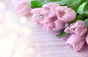 delicate pink tulips on a gray wooden background. soft light.
