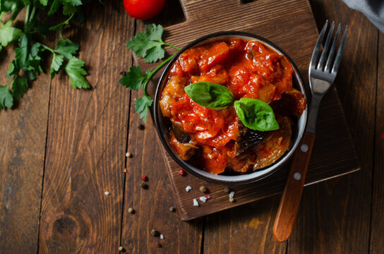 Stewed Vegetables, Healthy Vegetarian Lunch, Vegetable Ratatouille on Dark Rustic Background